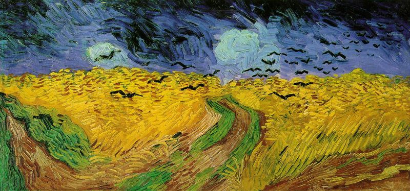 Crows Over a Wheatfield. menacing and ominous in its great swath of land and sky, was one of the last canvases that Vincent Van Gogh painted. Crows beset him whenever he painted in the countryside around Auvers, and it may have been to frighten them away that he borrowed the pistol he was later to turn on himself.