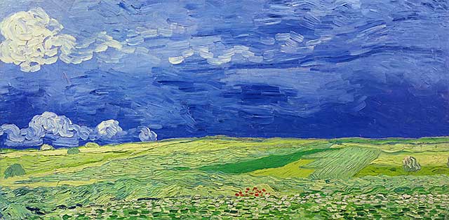 "Wheatfield Under Thunderclouds by Vincent van Gogh  Vincent van Gogh completed Wheatfield Under Thunderclouds in the summer of 1890. In July, Vincent wrote to his mother and his sister Wil that he was painting a vast plain of wheat "as boundless as the sea." Van Gogh related the colors as a harmonious range of blue, white, pink, and violet, with the green and yellow wheat shining under a clear sky. Vincent van Gogh's own emotional state matched this tranquil subject: "I am in a mood of almost too much calmness, in the mood to paint this."