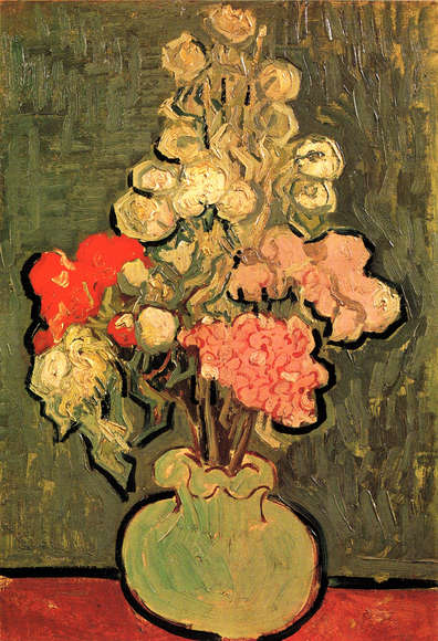 Little vase of Flowers. May-July, 1890. "In May 1890 Vincent visited his brother Theo and his family in Paris and then settled in Auvers-sur-Oise, a little village at the river Oise around 30 kilometres from Paris. The town was chosen because Paul Gachet, a doctor, artist and collector, was living there, he agreed to take care of Vincent. Vincent managed to find himself a very small room in an inn owned by Arthur Gustave Ravoux and immediately began painting the environs of Auvers-sur-Oise. "