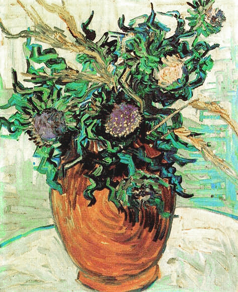 Vase with Thistles..." one of the several still lifes that Van Gogh painted on either June 16 or 17, 1890, depicting some wild flowers that he had found at Gachet's house. The only surviving still lifes by Van Gogh of wild flowers that include thistles are this work and Wild Flowers and Thistles in a Vase in a private collection. While different flowers are featured in the two paintings, they have been arranged in the same vase on a round table in both cases. The two works are therefore thought to have been painted around the same time. In the outlines that define the table and the vase, one can perceive the influence of the ukiyo-e prints Van Gogh collected so enthusiastically in Paris."