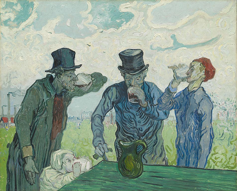 "The Drinkers", oil on canvas, 59.4 x 73.4 cm, 1890. The Art Institute, Chicago, USA. Vincent drank too much alcohol:   "... the only thing to bring ease and distraction, in my case and other people's too,  is to stun oneself with a lot of drinking or heavy smoking.  (Letter from Vincent van Gogh to Theo van Gogh, June 29, 1888)