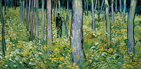 "In his 1890 painting titled Undergrowth with Two Figures, Vincent van Gogh revived one of his favorite motifs: two lovers strolling through a natural setting. Rather than a romantic image, Vincent always regarded a couple as an emblem of companionship; he believed lovers completed each other. But the setting of van Gogh's Undergrowth with Two Figures -- with no clear path in view -- undermines any aspect of consolation. The figures seem trapped amidst the staggered tree trunks."