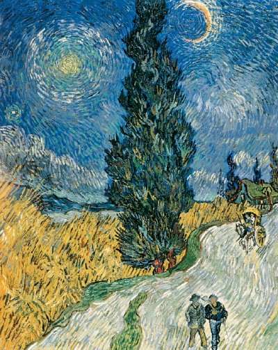 "Road with Cypress and Star was completed by Vincent van Gogh in 1890, shortly after arriving in Auvers-sur-Oise. In mid-May, Vincent boarded a train alone to make his journey north from Saint-Rémy to Paris. Van Gogh spent four days with his brother's family and then took the short train trip to Auvers-sur-Oise. The small village was surrounded by wheat fields, and Vincent readily found his subject for Road with Cypress and Star in familiar motifs such as the twisting cypress trees and the stunning illumination of the broad country sky."