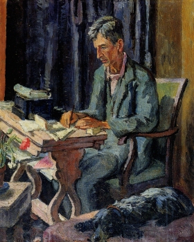 A portrait painting of Leonard Woolf by Vanessa Bell in 1940.