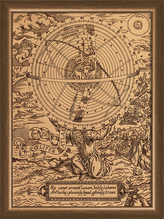 ---The picture of the universe supported by Atlas, in William Cuningham's THE COSMOGRAPHICAL GLASSE published in 1559, shows how much "Western" astronomical tradition confused the model of the universe as in the armillary sphere with reality - a concept that persisted from the 3rd century BC to the mid-17th century. ---click image for source...