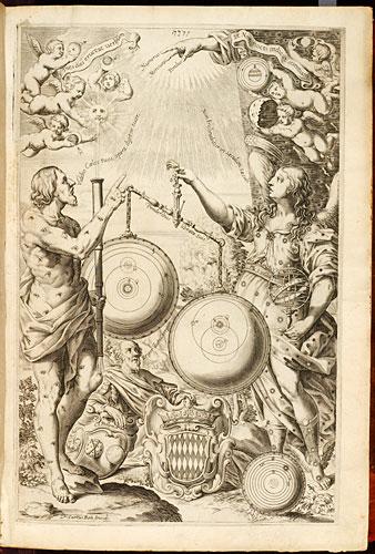 ---The front piece of G.B. Riccioli's Almagestum Novum, 1651. Notice that he does not use Tycho Brahe's system but his own variation of it where Jupiter and Saturn are centered on the Earth. ---Read More:http://www.math.nus.edu.sg/aslaksen/teaching/copernicus.html