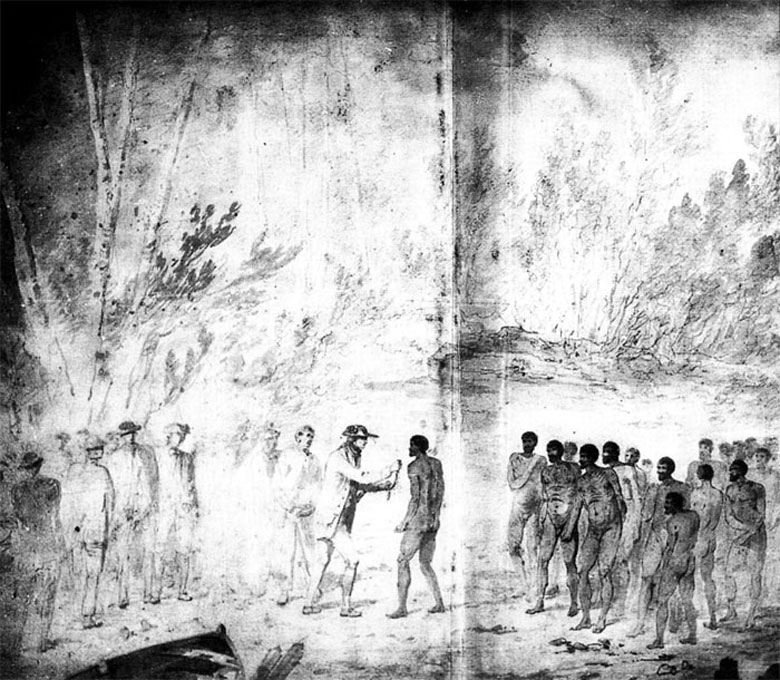 ---All Tasmanians went naked and wore no ornaments, but they did have what appeared to be ornamental scars, large ridges raised on the skin. As Cook noted:     (They are) of the common stature but rather slender; their skin was black and also their hair, which was as woolly as any native of Guinea, but they were not distinguished by remarkable thick lips nor flat noses, on the contrary, their features were far from disagreeable; they had pretty good eyes and their teeth were tolerable even but very dirty; most of them had their hair and beards anointed with red oinment and some had their faces painted with the same composition. Even though Cook admired "hard primitives", he did not think the Tasmanians had "sufficient civilization" to justify their continued occupation of their island. Instead he felt that the land was "practically unoccupied" since there was no evidence of religion or cultivation of the soil or of a settled law. In his view this made the land "unoccupied" and he did not think the Tasmanians would oppose European settlement. Cook's view remained accepted wisdom in regard to the Tasmanians among the British - until the British found out how mistaken they were when they tried to occupy and settle the island after 1803.  Below: Captain Cook's meeting with Tasmanians on 29 January 1777 (by an unknown artist on Cook's crew).---Read More:http://www.andaman.org/BOOK/chapter52/text52.htm