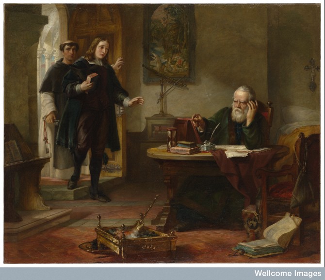 --- Wellcome Library, London Milton visiting Galileo when a prisoner of the Inquisition. 1847 By: Solomon Alexander Hart Published:   1847. Size: canvas 118 x 146 cm. Collection: Iconographic Collections---click image for source...