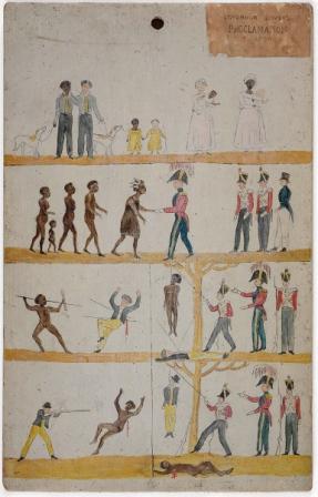 ---Posters erected in Tasmania in the early 19th century. The posters aimed to communicate that blacks and whites would be treated equally by the British justice system. ---click image for source...