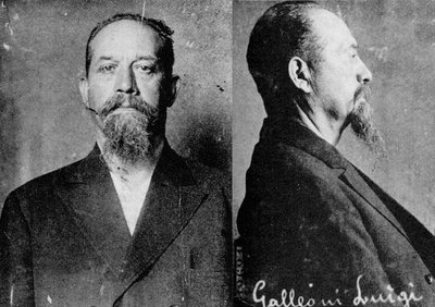 ---Enjoy! Luigi Galleani and the anarchists of Barre     ...In 1919, as the Justice Department resorted to wholesale deportations to quell dissent, the Galleanisti turned to ‘direct action” in protest. They proclaimed their objective with a bluntly worded pamphlet. “Deportation will not stop the storm from reaching these shores. The storm is within and very soon will leap and crash and annihilate you in blood and fire. You have shown no pity to us! We will do likewise. And deport us! We will dynamite you! Either deport us all or free all!”     The anarchists-avengers embarked on a terrorist campaign targeting important American institutions and individuals (such as J.P. Morgan and John D. Rockefeller). Sixteen mailed explosives were discovered at the New York post office (undeliverable due to insufficient postage) but others delivered by hand caused panic in cities around the country. Even Palmer was targeted with a bomb delivered to his Washington, D.C., address. The bomber died in the explosion which caused significant damage to Palmer's house.---click image for source...
