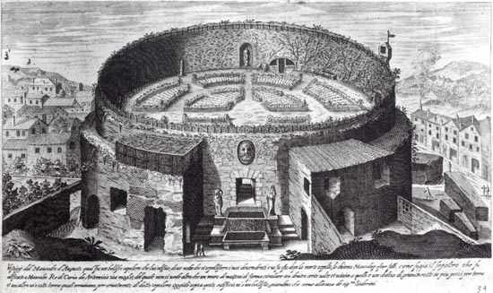 ---Lemercier's interest for Michelangelo's work is proven in the engraving he made of the model of San Giovanni dei Fiorentini in 1607. His interest for Du Pérac is made clear by the fact that he was known to own a copy of I vestigi del'antichità di Roma and possibly another of the project for St. Peter's in prints. One of the views in this work represents the Mausoleum of Augustus, taking advantage of a higher point of view to show its interior.  ---click image for more...