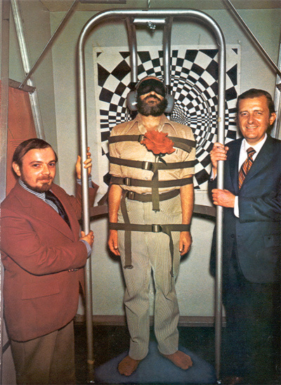 The common perception that bankers are engaging in sensory deprivation and out of body experiences with the taxpayers money in the form of subsidies and bailouts...WITCHES' CRADLE: Dr. Harry Hermon, masked and flanked by his colleagues Charles Honorton, left, and Dr. Stanley Krippner, prepares to take a spin in the witches' cradle, so called after a trance-inducing device used by witches of yore....click image for source...