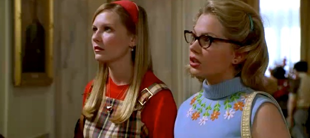 ---In Dick, which featured starlets Kirsten Dunst and Michelle Williams, the elements of scandal unfold as teeny-bopper burlesque. Arlene and Betsy, two 15-year-old Washington girls, stumble onto G. Gordon Liddy mid-burglary when sneaking out of a Watergate apartment after bedtime to get a contest submissionto the magazine Tiger Beat postmarked by midnight. The girls then recognize Liddy on a White House class trip and find a "CREEP list" ("I guess that all the people on that list must be creeps") stuck to the bottom of his shoe. They end up in the Oval Office because Nixon pawns off dog-walking duties on them and win his lightheaded trust after delivering cookies inadvertently laced with marijuana. ---click image for source...