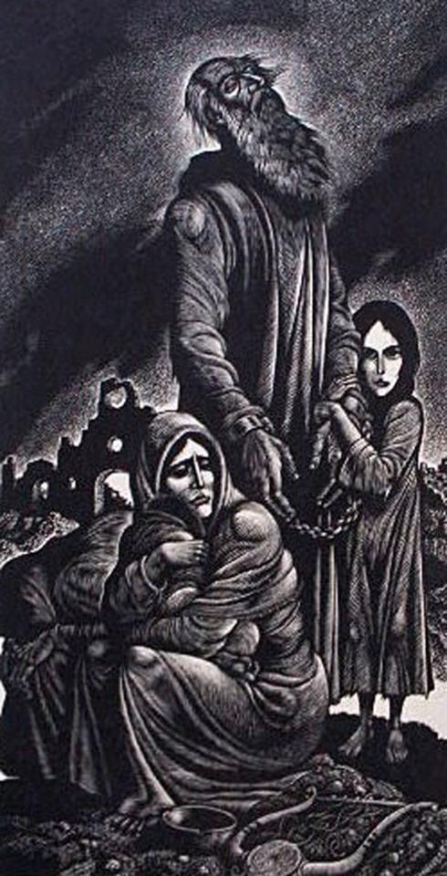 ---"Jeremiah" by Fritz Eichenberg (born 1901) was a Jewish wood engraver from Cologne, Germany. An outspoken opponent of the Nazis, he fled with his family in 1933 to the United States, settling in New York. In "Jeremiah," he perhaps can be seen as capturing the tragedy of the Holocaust that followed in Europe. Jeremiah, the Old Testament Prophet, warned the Jews in ancient Israel to leave worshiping idols and return to God, or their kingdom would be destroyed. His warning (like Eichenberg's in Germany) went unheeded. Eichenberg, dedicated to the marginalized in society, went on to become a figure in the Catholic Worker's Movement, a left-leaning organization founded by Dorothy Day in America, that worked to provide basic needs and justice for the American poor and destitute.---Leo Baeck Institute