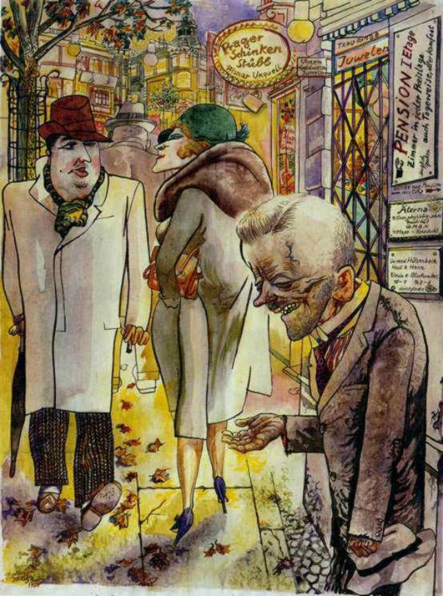 ---George Grosz (1893-1959) was born in Berlin, Germany. He volunteered to fight in World War I, called "the war to end all wars," but was discharged in 1917. He had become quite disillusioned with war, as had a group of young German artists he would soon join. After the end of World War I, there was civil unrest in Germany, fighting between different groups trying to gain political power. Grosz fought in what was called the Spartakus uprising in 1919, and joined the communist Party. He left the CP within a few years, disillusioned with its dictatorial style of politics.---click image for source...