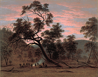 ---When Glover arrived in Hobart in 1831, the thirty-year conflict between the Tasmanian Aborigines and the European settlers was nearing an end. During this time George Augustus Robinson – the appointed Protector of Aborigines – had been relocating the majority of two hundred Indigenous people to Flinders Island. Only two months before he left Hobart for his new property of Patterdale in northern Tasmania, Glover made two group portraits showing twenty-six members of the Big River and Oyster Bay Aboriginal tribes before their transfer to Flinders Island. They became the subject of a number of significant paintings. Painted in 1832, the year of his move to Patterdale, A corrobery of natives in Mills Plains is Glover’s finest and probably earliest Aboriginal subject. ---Read More:http://nga.gov.au/exhibition/turnertomonet/Detail.cfm?IRN=128979