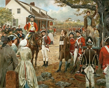 ---This is Don Troiani's depiction just before the hanging. While some authors contend Hale was hung at about 66th St. & First Ave., a British officer states he was hung in front of the Royal Artillery Park. Period British maps prove this was at Turtle Bay (present 45th St.) just South of Howe's Headquarters in the Beekman House and across from the Dove Tavern at the fourth mile marker. The British had pre war artillery magazines established at the Turtle Bay site so this makes a great deal of sense. The British uniforms, clothing and every other possible detail have been intensively studied, even the Beekman House in the distant back ground.---click image for source...