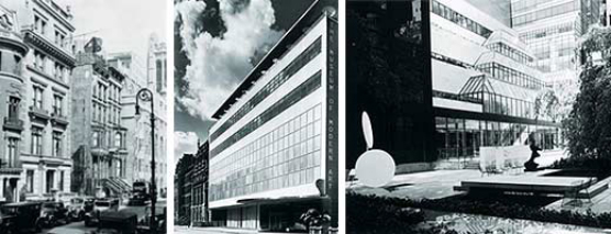 ---left to right, original townhouse at 11 West 53 Street in 1932; Philip L. Goodwin and Edward Durrell Stone building in 1939, photo by Eliot Elisofon; New west wing and renovated and improved facilities, designed by Cesar Pelli, open in 1984, photo by Adam Bartos. ---click image for source...