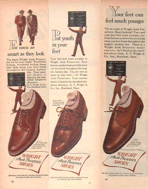 ---E.T. Wright & Company ran these paper advertisements, taken from 1952 magazines, which feature Wright Arch Preserver Shoes for men.---click image for source...