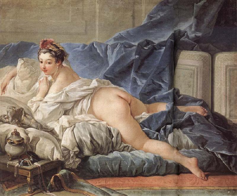 ---French Rococo Era Painter, 1703-1770 Francois Boucher seems to have been perfectly attuned to his times, a period which had cast off the pomp and circumstance characteristic of the preceding age of Louis XIV and had replaced formality and ritual by intimacy and artificial manners. Boucher was very much bound to the whims of this frivolous society, and he painted primarily what his patrons wanted to see. It appears that their sight was best satisfied by amorous subjects, both mythological and contemporary. The painter was only too happy to supply them, creating the boudoir art for which he is so famous.---click image for source...