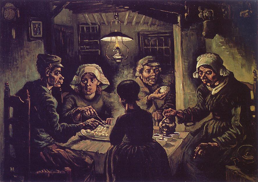 ---He began wearing ragged, unwashed clothing, did not respond to acquaintances on the street, and lived an isolated existence. His only activity was to draw and paint in ways that conveyed his sympathies for the hard lives of peasants. His greatest painting, "The Potato Eaters" was the result of his deep empathy with the peasant class (See painting below). An old man reported that when he was ten years old he knew Vincent Van Gogh, who he frequently saw painting landscapes in Nuenen, Belgium. From the viewpoint of children in the neighborhood, Vincent Van Gogh was a curious sight indeed. He would sit on a stool alongside a roadway painting scenery for hours at a time. The witness describes Van Gogh as a "funny, red-bearded man with a straw hat, smoking a pipe and painting intently, and not responding to anyone's attempts to communicate with him." ---click image for source...