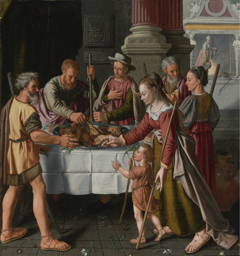 --- The First Passover Feast by Huybrecht Beuckelaer, 1563 This painting by Huybrecht Beuckelaer from 1563 is an early depiction of a biblical scene from Exodus 12. It is not meant to show a contemporary 16th century Passover Seder.---click image for source...