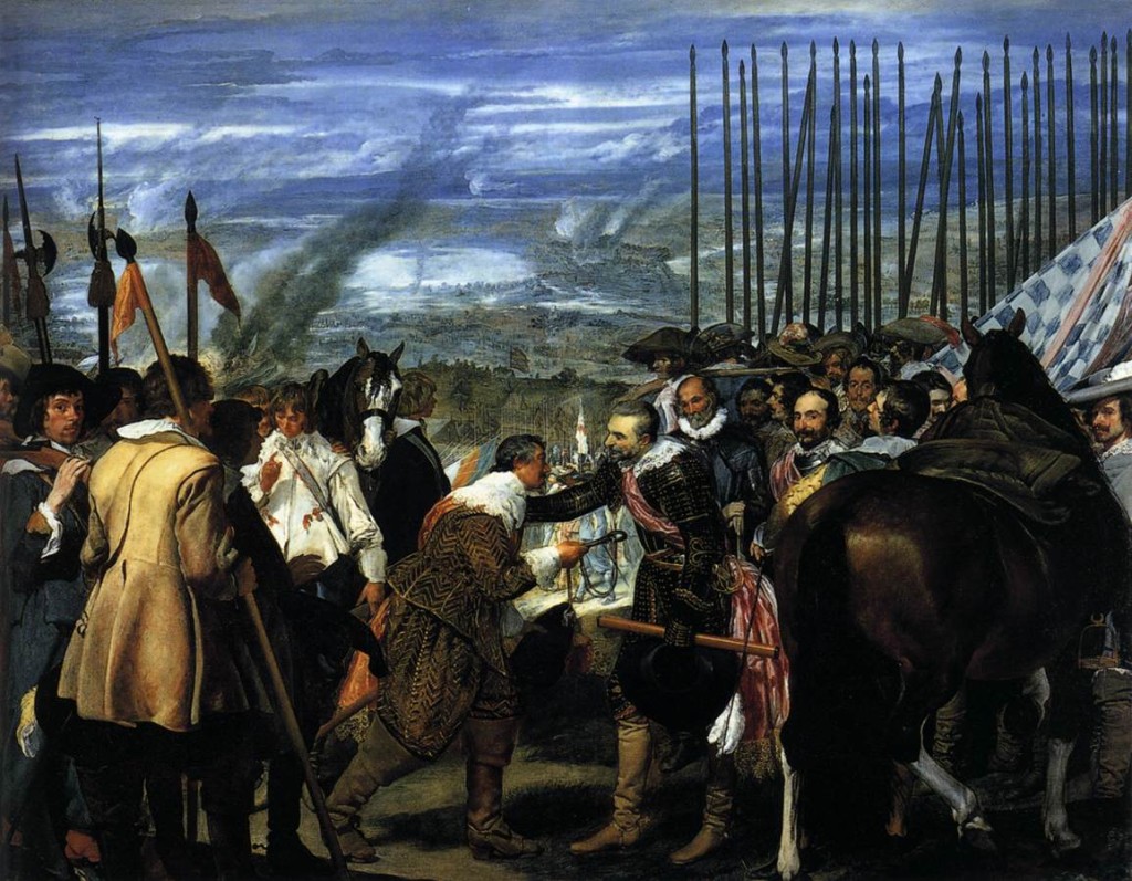 ---During the 1630s and 1640s Velázquez occasionally painted religious and mythological works, but they are all eclipsed by his great masterpiece of contemporary history painting, The Surrender of Breda (Prado, 1634-35), one of a series of twelve paintings by various court artists glorifying the military triumphs of Philip's reign that were executed for the new Buen Retiro Palace in Madrid. The composition is highly organized, but Velázquez creates a remarkable sense of actuality and no earlier picture of a contemporary historical event had seemed so convincing. Characteristically, he concentrates on the human drama of the situation, as Ambrogio Spinola, the chivalrous Spanish commander receives the key of the town from Justin of Nassau, his Dutch counterpart, with a superb gesture of magnanimity. ---click image for source...