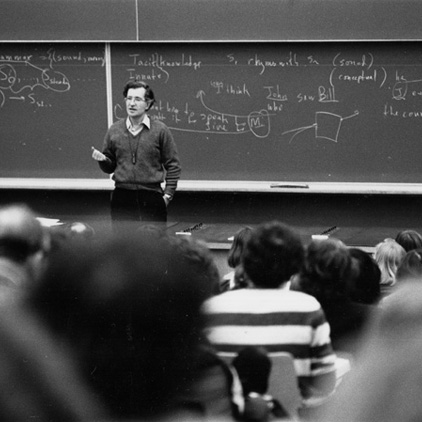 ---When Chomsky joined the department in the 1950s, linguistics at MIT was classified as a “communication science,” affiliated with the Research Laboratory of Electronics. The department’s physical location in Building 20 encouraged formal and informal collaboration with individuals and groups working on cybernetics, acoustics, and artificial intelligence. This manuscript from 1955 is one of Chomsky’s first works on his influential concept of generative grammar: the idea that humans have some innate knowledge of grammar from birth, and that language acquisition cannot totally be explained by the relatively sparse stimuli they are exposed to as pre-verbal children.---click image for source...