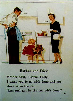 ---The Dick and Jane books were the brainchild of Zerna Sharp at Scott, Foreman who edited this “look-say” reader series call pre primers. There were different writers over the years. The books used simple words (look, see, go, run) and they were repeated many times. There was a formula. “See Dick. See Dick run.” one first page read, with an accompanying illustration of Dick running. The next page said “See Jane. See Jane run. Run, Jane, run.”---click image for source...