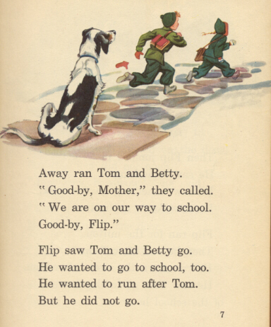---In the later 1950s and early 1960s, Dick and Jane found themselves in troubled waters. In 1955, Rudolf Flesch struck out against look-say readers in his bestseller, Why Johnny Can't Read. Flesch argued that the whole word method did not properly teach children how to read or to appreciate literature, because of its limited vocabulary and overly simplistic stories. Other phonics advocates in the 1960s echoed Flesch's arguments, calling for new primers that focused on phonics and introduced students to real literature.---click image for source...
