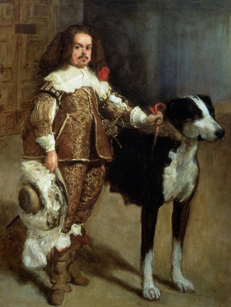 ---For being a buffoon, this guy is most certainly not hilarious looking. His dog horse is certainly amassing. This painting is from Velazquez later period. During this time, Velazquez started loosening his brush stroke. He used proto impressionism techniques on the clothing.---click image for source...
