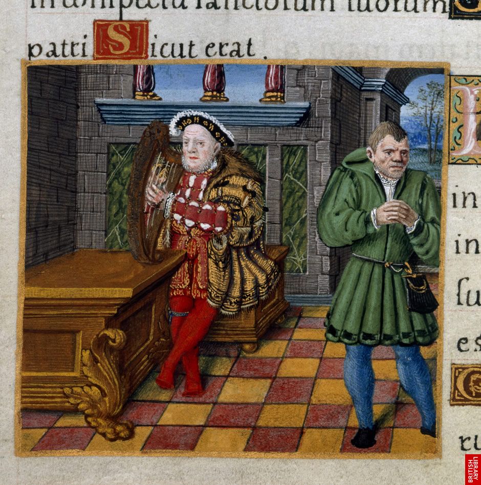 ---Henry VIII's Psalter King David playing his harp is a common illustration seen in Jewish manuscripts. Here, though, there is another dimension to the regal musician: it is also a sumptuous portrait of Henry VIII of England, the owner of this (Christian) Psalter.---click image for source...