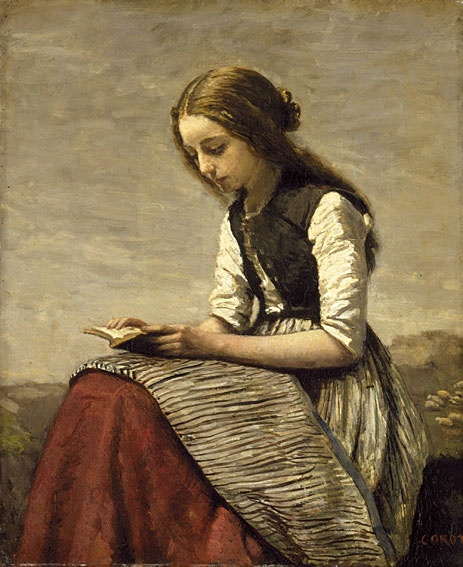 ---Jean-Baptiste-Camille_Corot--Another girl reading. Looking very similar to the one in the orange jacket. Perhaps a younger version? A daughter?---click image for source...