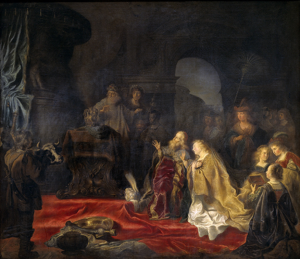 ---This painting, King Solomon’s idolatry, shows a scene from 1 Kings 11:1-13. Solomon’s ‘many strange wives’ tempted the old – here not so wise – king into worshipping their pagan gods with incense and sacrifices. Obviously, this did not sit well with the powers that be: ‘the LORD was angry with Solomon, because his heart was turned from the LORD God of Israel’. God’s punishment was merciless: Solomon’s kingdom would be split and given away. Idolatry scenes were a popular subject in Dutch 17th century history painting. In this 1644 canvas, Salomon Koninck (literally: Solomon King!) shows some typical accessories of idolatry scenes: a priest with a censer, a servant holding a sacrificial bull and a slave holding a sunshade. Koninck’s style is Rembrandtesque, with the kneeling king and his lady highlighted by an invisible source of light. While they worship the pagan god of the furnace, the periphery fills up with more wives. ---click image for source...