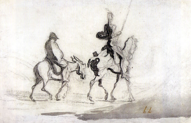 Daumier's gaunt knight on his shambling horse, trailed by Sancho on his donkey...click image for source...