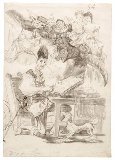 Goya satirized the hero as mordantly as Cervantes himself, showing him deluded by chivalric tales, beset by all the demons of the wicked world, championing fair damsels..click image for source...