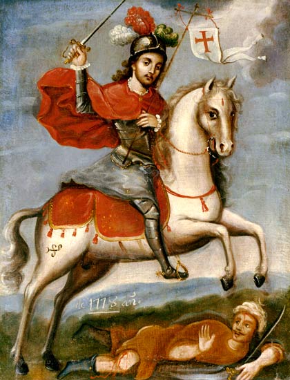 ---St. James the Greater, Apostle 25 July Santiago Matamoros (St. James the Moor Slayer) "The General Chronicle of King Alfonso X the Wise reports a miraculous event during the battle of Clavijo, which gave the cult of St. James a dramatic configuration. According to witnesses, Santiago was seen descending from the sky mounted on a white horse, having in one hand a snow-white banner on which was displayed a blood red cross, and in the other a sword... The imagery will present him thereafter as a knight on a white horse, carrying a banner with the Cross of Santiago and wielding a flashing sword. Protector of Christendom, he became Santiago Matamoros, the Moor slayer. ... click image for source...