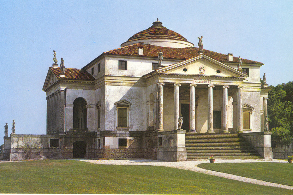 Palladio's most famous villa, or at least the one most widely known, is La Rotonda in Vicenza- square block with a shallow dome, and identical porticoes on four sides. It inspired a host of imitations. click image for source...