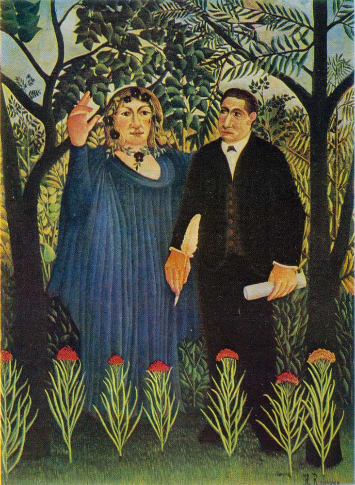 ---1844-1910. Ecole française. La Muse inspirant le poète. Portraits de Guillaume Apollinaire et de Marie Laurencin. 1909. Huile sur toile. 131X97 cm.---Henri Rousseau. click image for source...