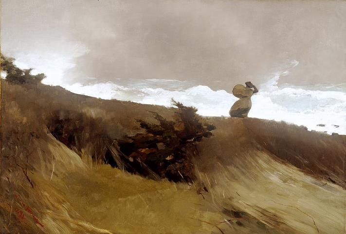 ---Winslow Homer (American, Realism, 1836–1910): The West Wind, 1891. Oil on canvas, 30 x 44 inches (76.2 x 111.8 cm). Addison Gallery of American Art, Phillips Academy, Andover, Massachusetts, USA.---