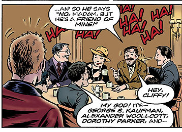 ---Dottie and her pals make an appearance in the comic stip Jazz Age Comics. Is this a first for the Round Table in this medium? History aside, George Gershwin wasn't known to hang out with this group in the Twenties. And where did Mrs. Parker get that hat? Indiana Jones?---click image for source...