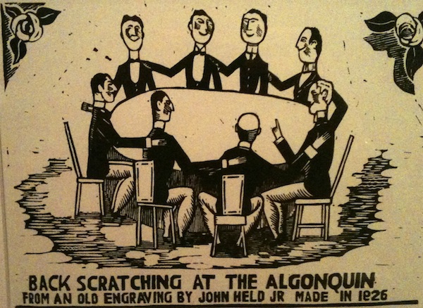 ---For literary types, the lunch venue of choice was the Algonquin Hotel on West 44th Street. What would later come to be known as the Algonquin Round Table (or, as its members preferred, “The Vicious Circle,”) began in June of 1919, when Vanity Fair writers Dorothy Parker, Robert Benchley, and Robert E. Sherwood joined like-minded pals for a midday soiree to welcome back famously sharp-penned New York Times drama critic Alexander Wollcott from a stint as a World War I correspondent overseas. Theater agent John Peter Toohey had organized the lunch as a practical joke, ostensibly as a welcome home, but instead used the opportunity to roast Wollcott for failing to include one of his clients in a column---click image for source...