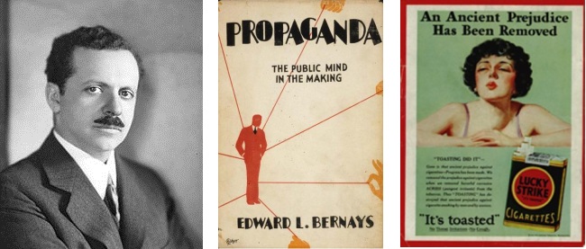 ---Bernays himself emerges as a remarkable character. He not only was able to sell the American people anything - he made it cool for women to smoke and for children to love soap and for eggs to accompany bacon - his skills also could win elections and change the course of foreign policy. In one extraordinary sequence, Curtis shows how Bernays single-handedly toppled the popular Guatemalan government with one or two publicity stunts, playing on Cold War fears, and acting on behalf of a banana corporation. He shows, too, how the principles of Freudianism, initially through Bernays, had a profound effect on corporations and governments, and led directly to the new all-pervasive ideas of market research and focus groups - psychoanalysis of products and ideas.---click image for source...