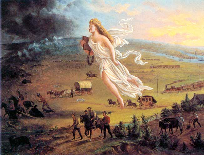 ---Manifest Destiny is a phrase used by leaders and politicians in the 1840s to argue for the continental expansion by the United States. Writing in the Democratic Review, the editor John O’Sullivan stated it was “our manifest destiny to overspread the continent allotted by Providence for the free development of our yearly multiplying millions.”  This slogan revitalized a sense of “mission” and national  God-given destiny for Americans. It was used as a justification for the first foreign war–against Mexico– fought by the newly formed United States---painting John Gast. 1872. click image for source...