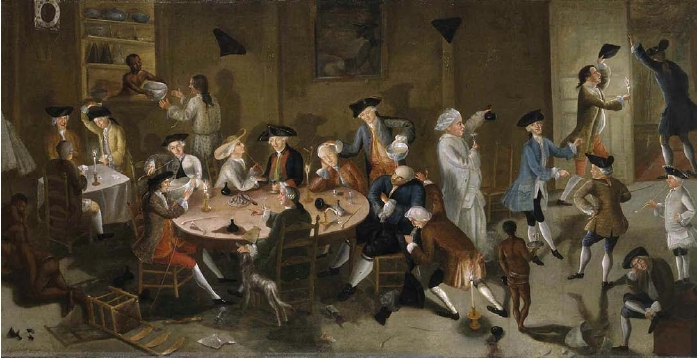 ---of a very early American painting by John Greenwood entitled "Sea Captains Carousing in Surinam".   This is a very famous painting in American history. I'm not an art critic, but this painting appears to be the direct inspiration for the later (and sadly, much more famous) "Dogs Playing Poker".---click image for source...
