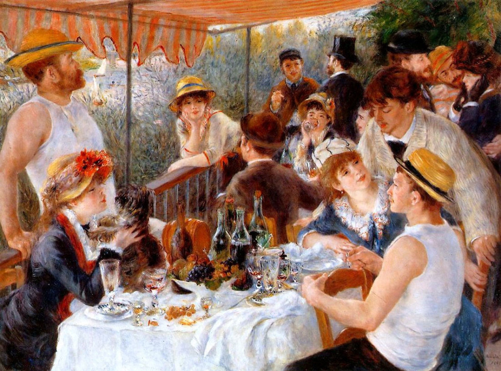 ---Luncheon of the Boating Party by Pierre-Auguste Renoir remains the best known and most popular work of art at The Phillips Collection, just as Duncan Phillips imagined it would be when he bought it in 1923. The painting captures an idyllic atmosphere as Renoir's friends share food, wine, and conversation on a balcony overlooking the Seine at the Maison Fournaise restaurant in Chatou. Parisians flocked to the Maison Fournaise to rent rowing skiffs, eat a good meal, or stay the night. The painting also reflects the changing character of French society in the mid- to late 19th century. The restaurant welcomed customers of many classes, including businessmen, society women, artists, actresses, writers, critics, seamstresses, and shop girls. This diverse group embodied a new, modern Parisian society.---click image for source...