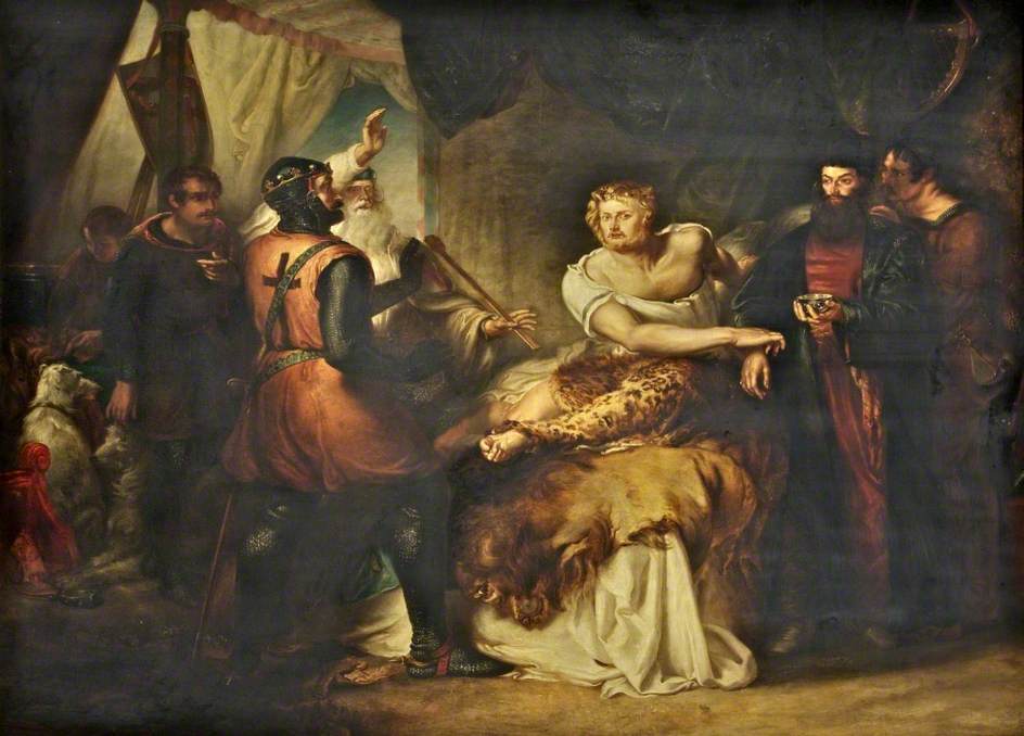 The legends that grew out of the Third Crusade never failed to recount the mutual respect that Richard and Saladin had for each other. The abovep ainting by Solomon Alexander Hart illustrates the scene described by Sir Walter Scott in The Talisman of the purely imaginary visit paid by Saladin to the bedside of Richard during his prolonged illness. Disguised as an Arab physician, Saladin is about to give medication to the fever-ridden English monarch. click image for source...