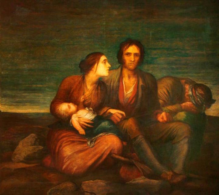 ---The political, economic and humanitarian failure of England’s response to the famine amounted to — no joke intended — a game of hot potato between the British government and Irish landowners over who was responsible for aiding the poor. The now archetypal tableau of Irish grain being loaded onto ships bound for England as Ireland’s starving masses watched speaks of the landowners’ indifference to anything but their own income. The refusal of the British government to act decisively to stem the crisis early on arose from its determination to make Ireland “independent” (if only there were a way to make those scare quotes extra ironic). Both sides were ignorant and shortsighted, confident in their stereotypical notion of the irresponsible, fanciful and lazy “Irish character” but oblivious to all the ways that rural subsistence economies cannot be expected to start functioning like England’s more developed agricultural one overnight.---painting: George Frederick Watts, 1850. click image for source...