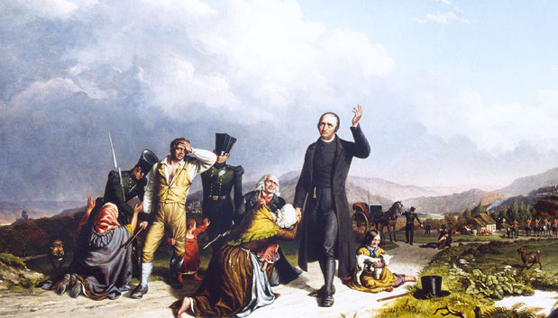 ---The oil painting newly hung in the Burns Irish Room was done by R. G. Kelly and dates to 1848-51. Alternately titled "A Tear and a Prayer for Erin" or "An Ejectment in Ireland," the work depicts the eviction of poor Irish from the land during the Famine. It is on two-year loan from Chicago real-estate developer Anthony John Mourek, a benefactor who previously backed the library's acquisition of Ni Dhomhnaill's papers. "One of the few paintings of the Famine done at the time, it even sparked controversy in the House of Commons, as it dealt with a subject that didn't please the British," said Burns Librarian Robert O'Neill.---click image for source...