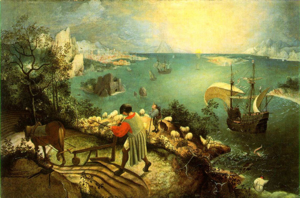 ---Painting is by Pieter Bruegel the Elder. (created around 1560) The notable thing in this painting is the fact that the anecdote of Icarus’ pride disappears in the margins of the painting. The attention is focused on the farmer with his plow, on the shepherd and his herd, on the harbor and the ships – on the economy, in fact. The real transformations are taking place in the society and a mythical hero such as Icarus has become marginal.---click image for source...